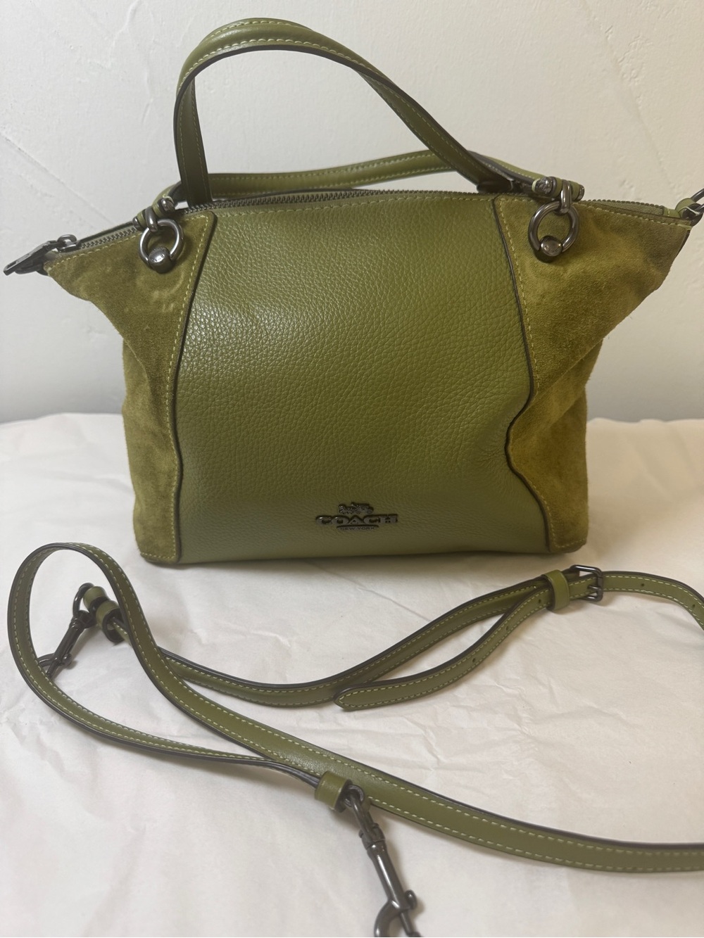 Coach Kasey Olive Green Leather & Suede Two-way Crossbody with gunmetal hardware